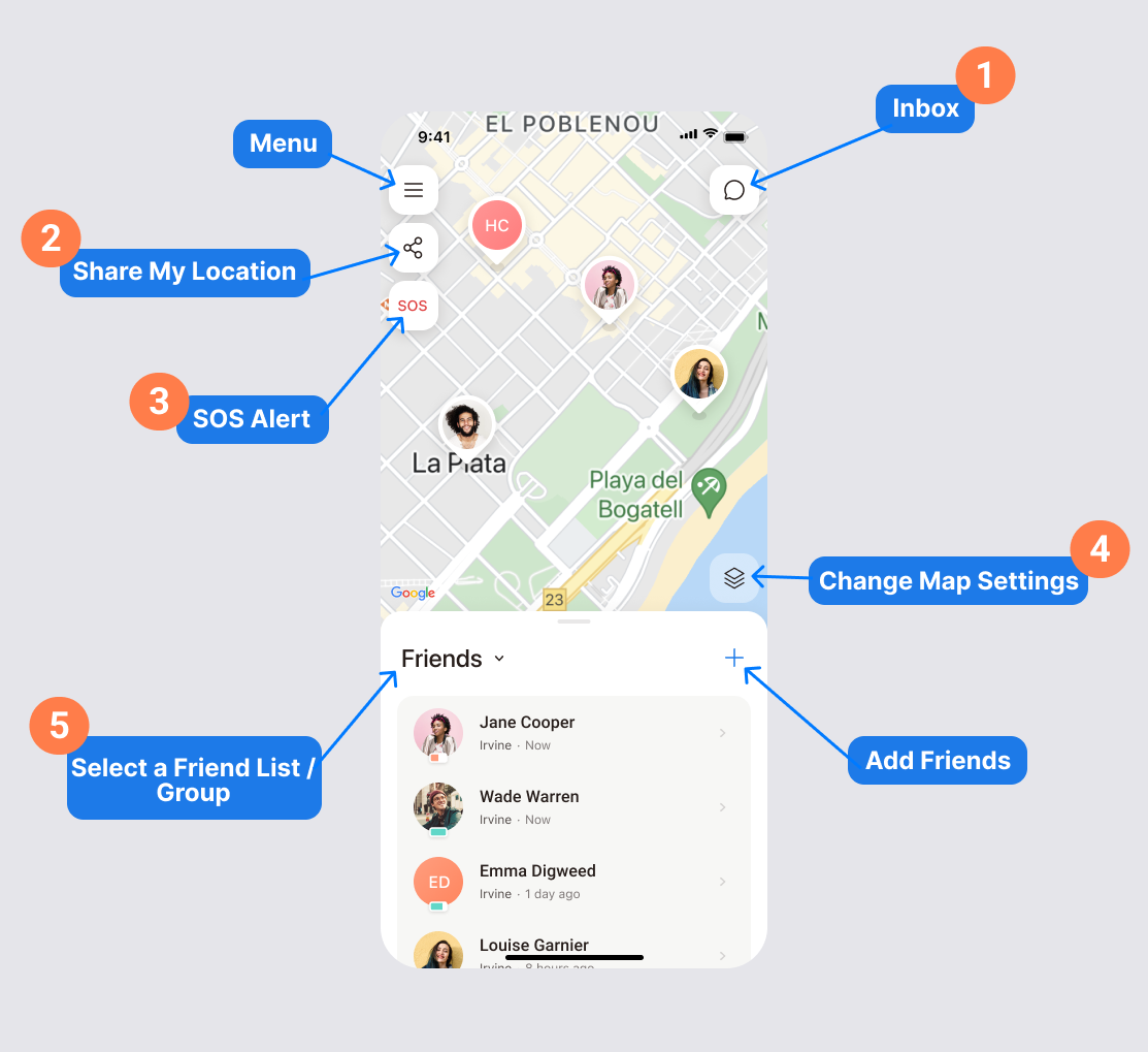 iSharing map screen showing friend markers, the inbox and panic alert buttons, and map control icons