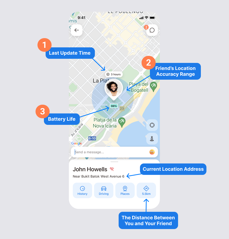 Friend profile screen with the directions button and the Driving, History, Places, and Street View tabs