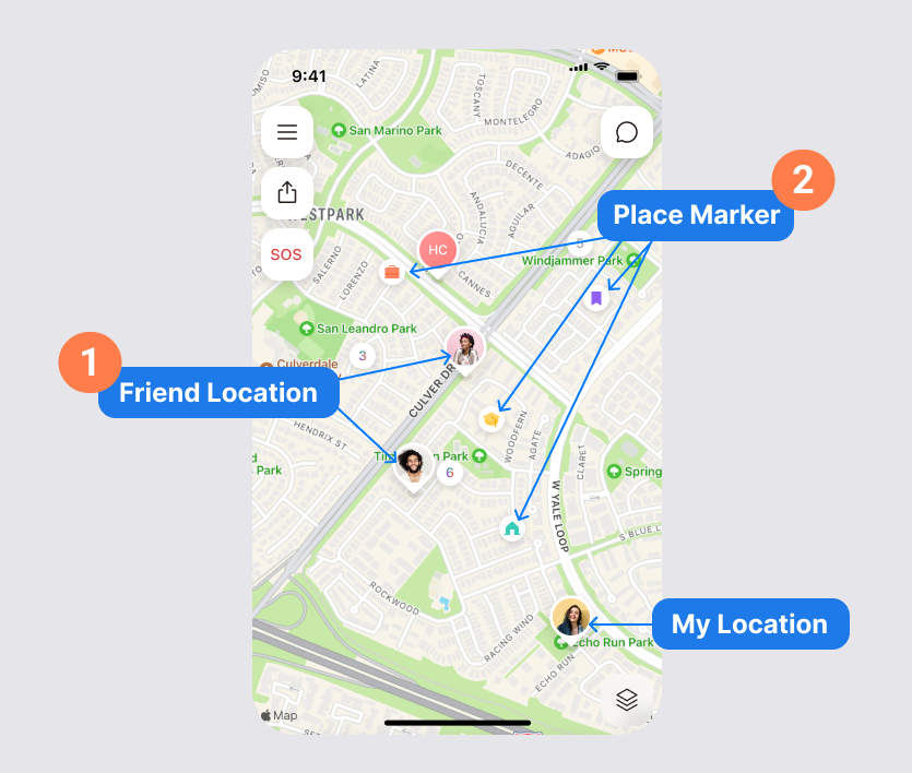 Map controls on the iSharing map screen: map type, place marker, recenter map, and share my location
