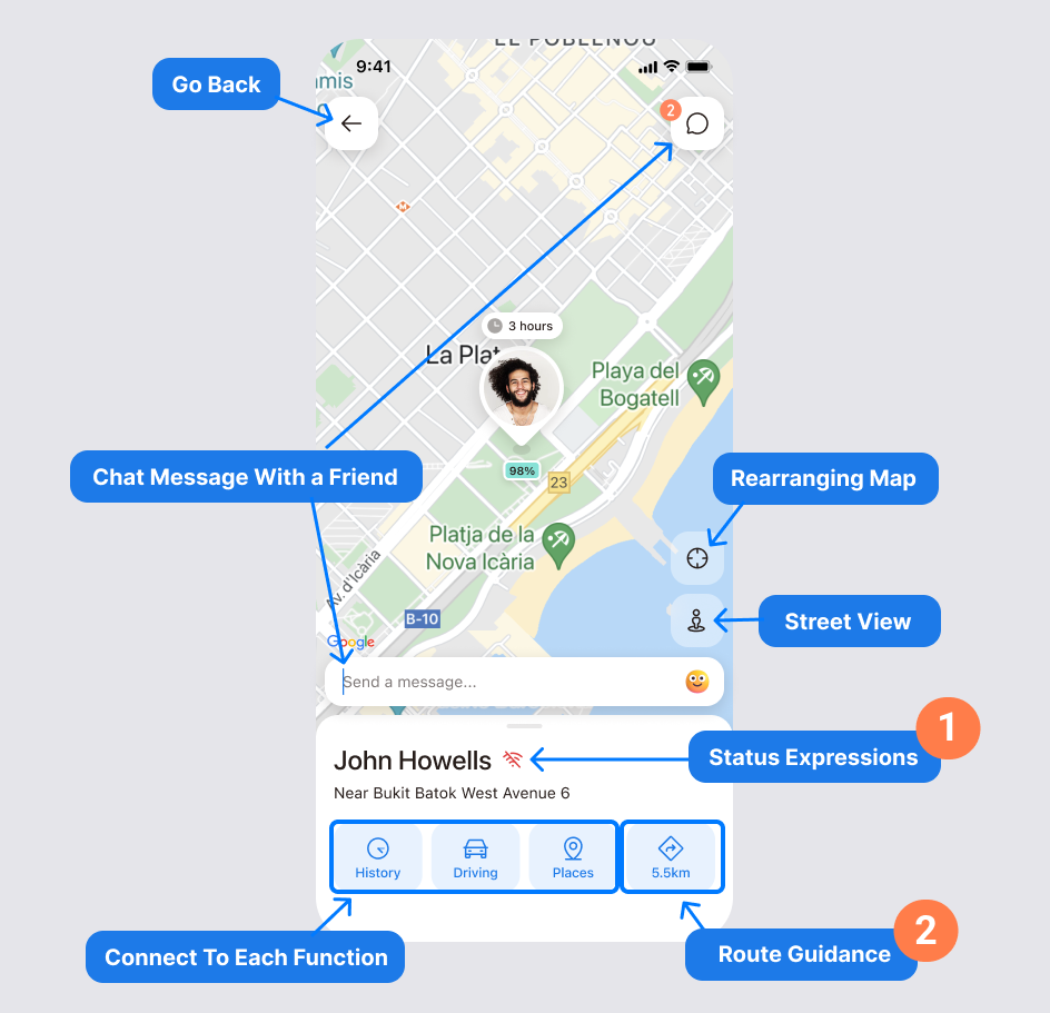 Friend profile screen in iSharing showing the profile photo, current address, last updated time, and status icons