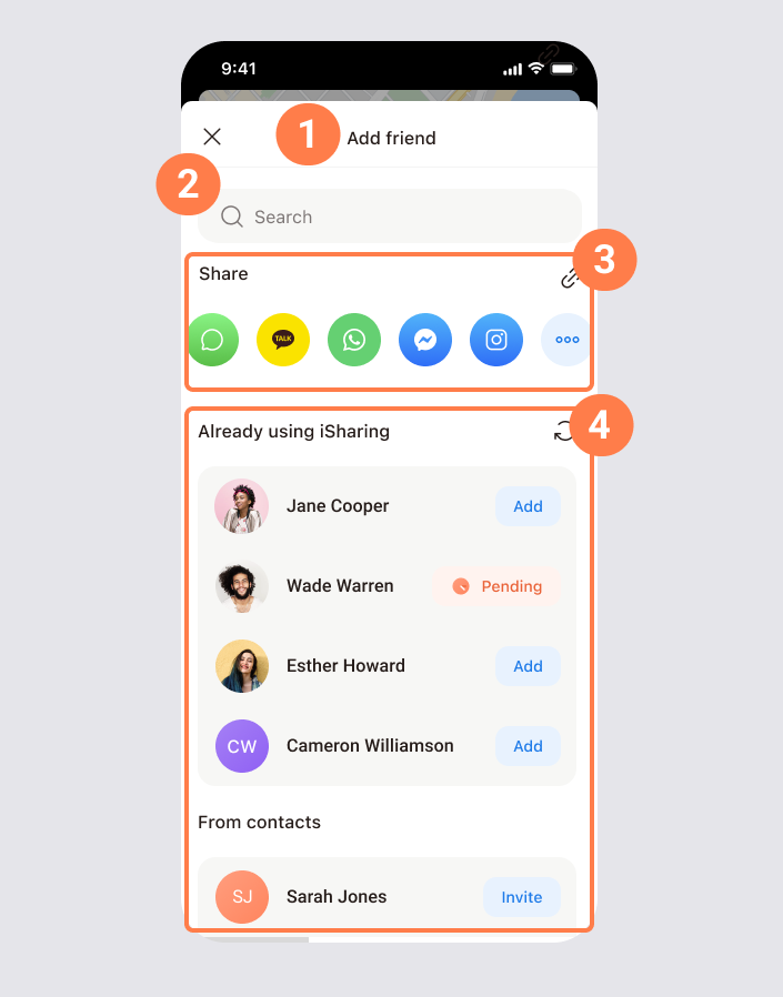 Add Friend screen showing the search bar, invite link sharing icons, the suggested friends list and contacts