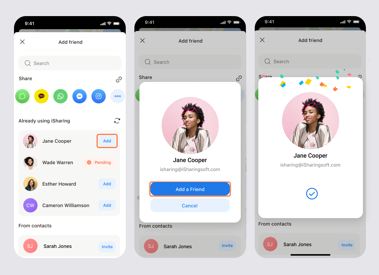 Adding a friend who already uses iSharing: tapping Add, confirming in the pop-up, and the request being sent