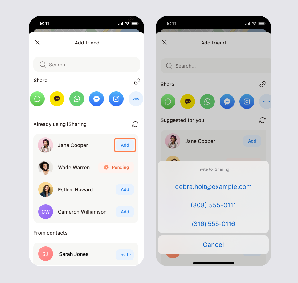 Add Friend screen with the Invite button selected and the invitation sheet listing email and phone number options