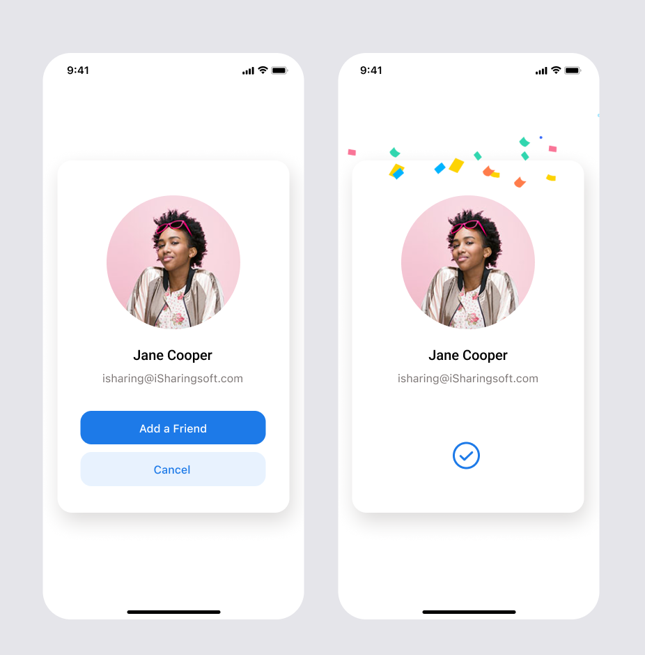 Friend request pop-up on the sign-up screen and the confirmation that the request was approved