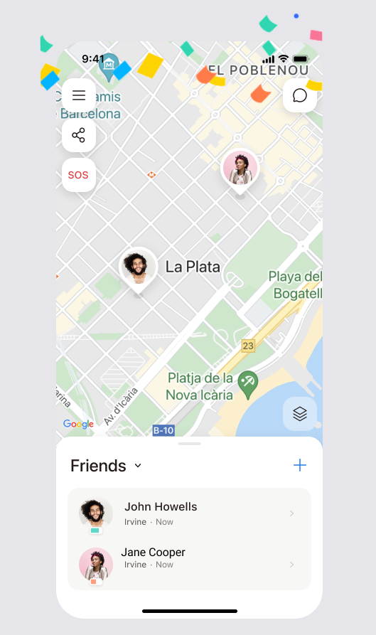 iSharing main screen showing friends' real-time locations on the map with the friends list below