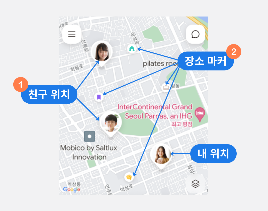 지도 종류, 장소 마커, 지도 재정렬, 내 위치 공유 버튼이 표시된 아이쉐어링 지도 조작 영역
