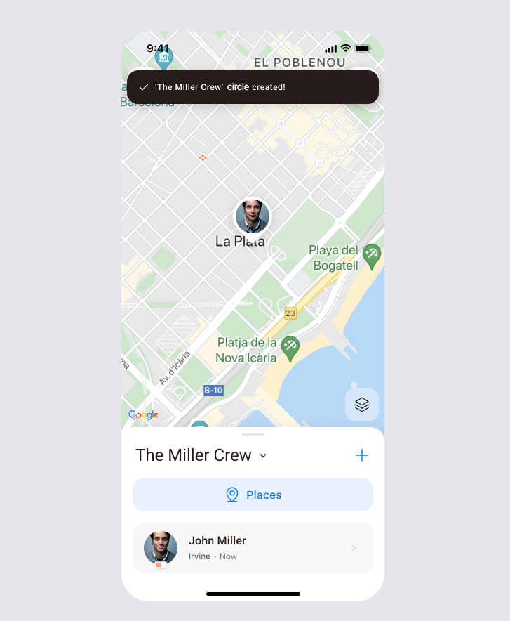 Main screen with a toast message saying the family circle has been created