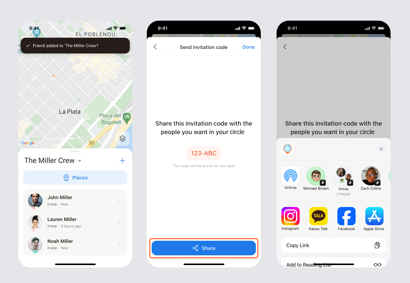 Circle screen with the plus button, the Send invitation code screen and the share sheet