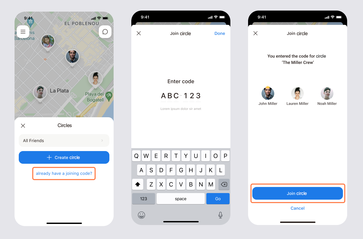 Circles sheet with the invite code link, the code entry screen and the circle member preview