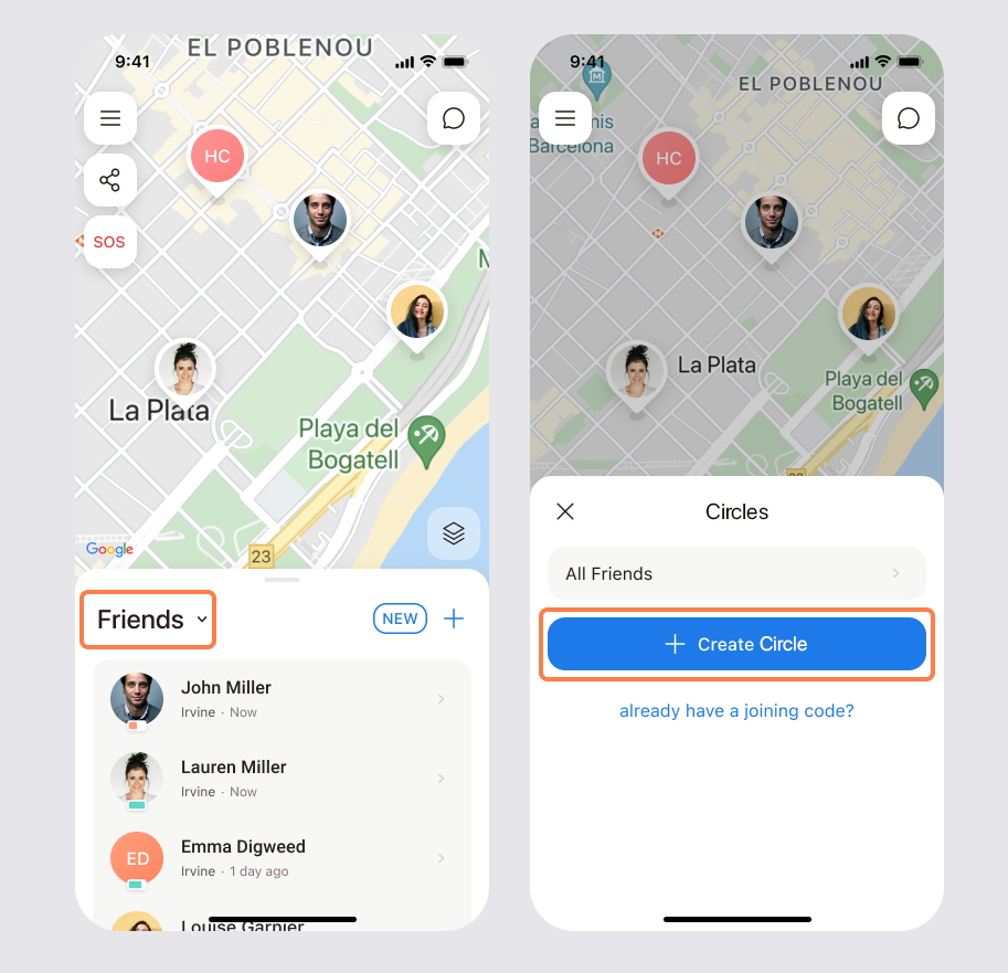 iSharing main screen with the friend list and the Circles sheet showing the Create Circle button