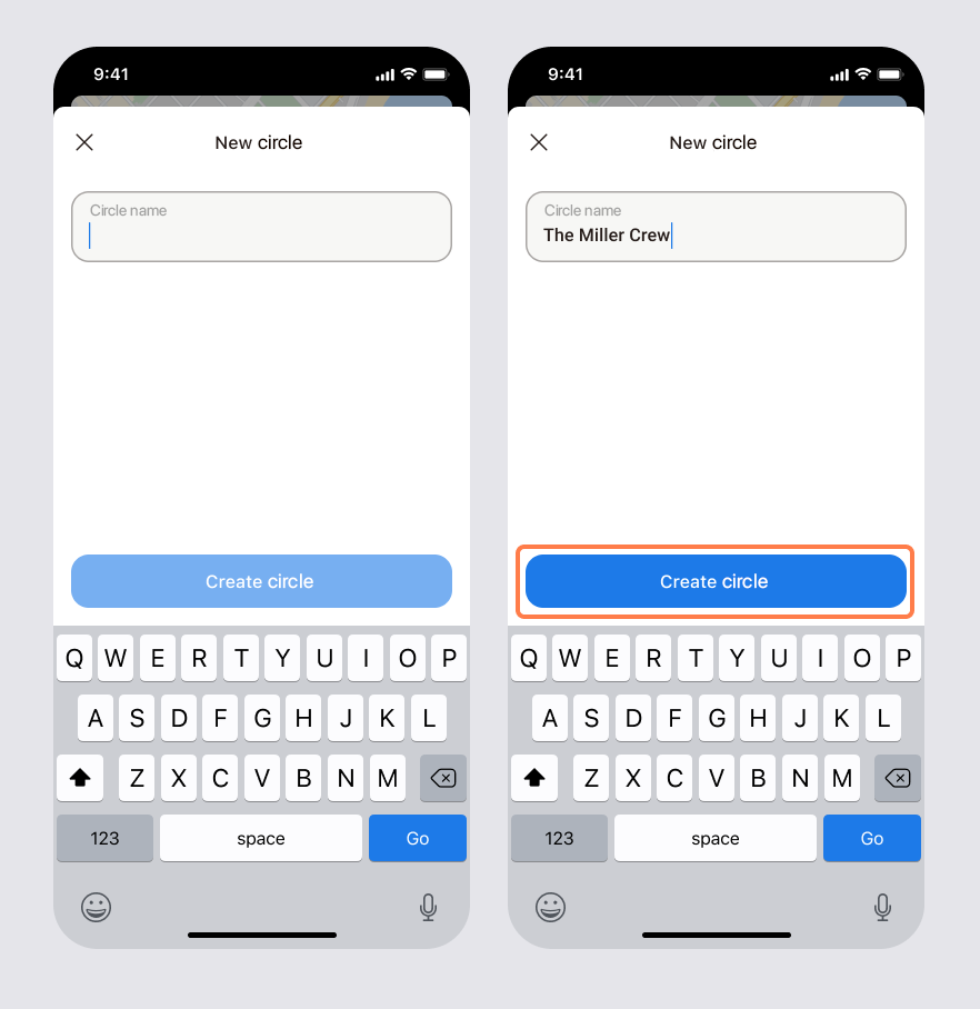 New circle screen with the circle name entered and the Create Circle button