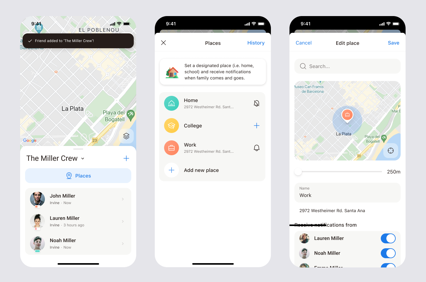 Circle screen with the Places button, the Places list and the Edit place screen with notification toggles