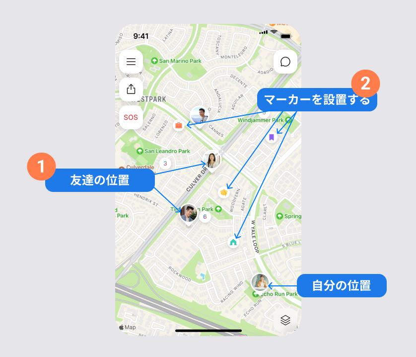 地図の種類、場所マーカー、地図の再配置、情報共有のボタンが表示された地図操作エリア