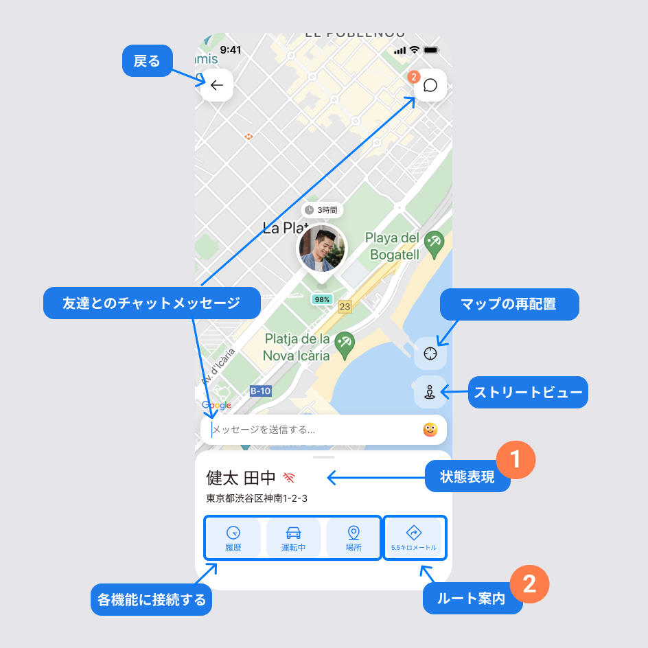 プロフィール写真、現在の住所、更新時間、状態表示が表示された友達のプロフィール画面