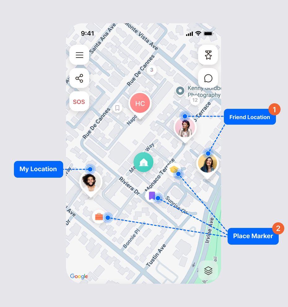 Map section showing a friend's location pin, your own My Location marker, and saved Place Markers