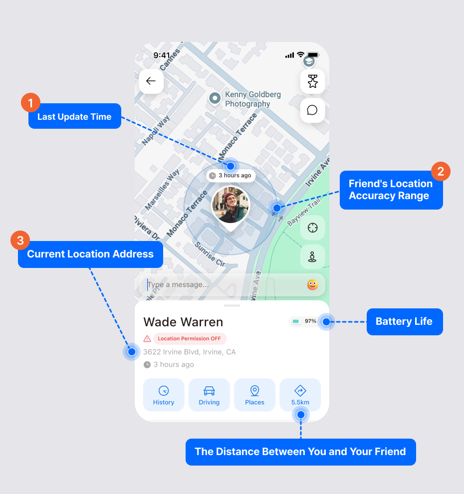 Friend's detailed location view with callouts for last update time, location accuracy circle, current address, and battery life