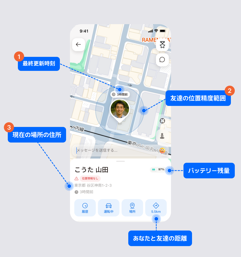 最終更新時刻、位置精度の範囲、現在地の住所、バッテリー残量が表示された友達の位置詳細画面