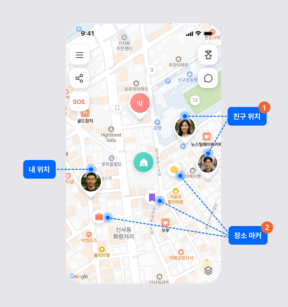 친구 위치 핀, 내 위치, 추가한 장소 마커가 표시된 지도 부분