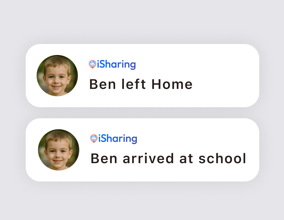 iSharing push notifications reading 'Ben left Home' and 'Ben arrived at school'
