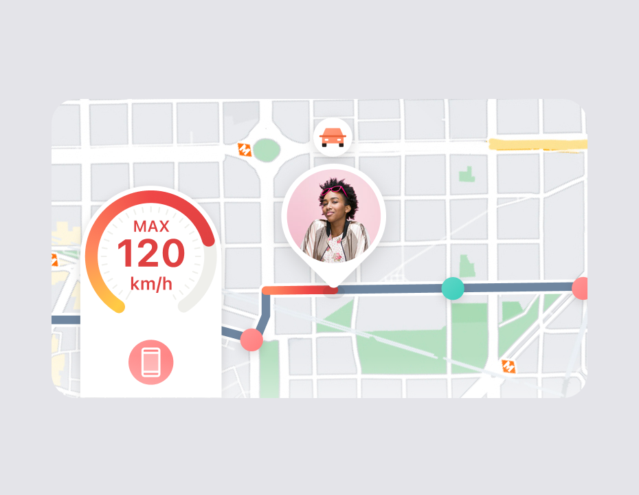 Driving report showing a trip route on a map with a maximum speed gauge and hazard event markers