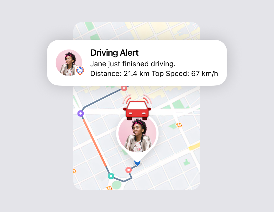 Driving Alert notification over a map route, showing that Jane finished driving with the distance and top speed