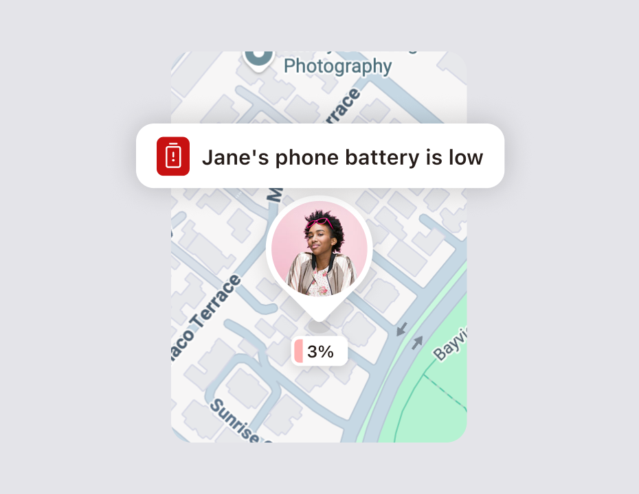 Low battery alert reading 'Jane's phone battery is low' over a map with the friend's pin at 3% battery