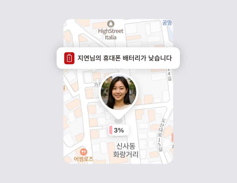 '지연님의 휴대폰 배터리가 낮습니다' 알림과 배터리 3%로 표시된 친구 위치 지도 화면