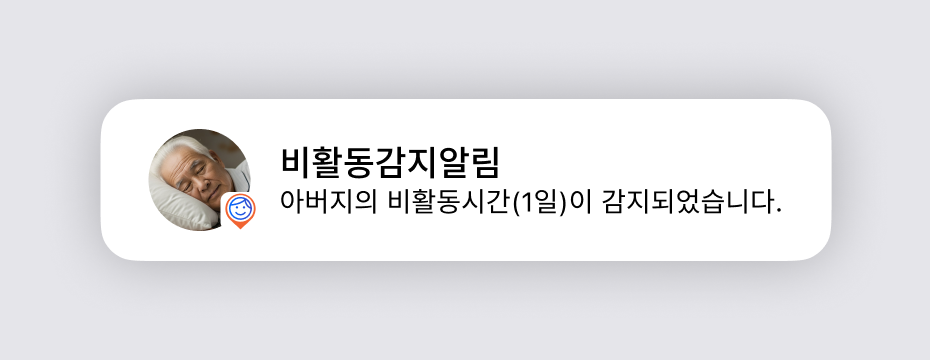 '아버지의 비활동시간(1일)이 감지되었습니다' 문구가 표시된 비활동 감지 알림 화면