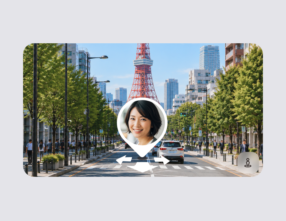 友達がいる場所の実際の街並み写真にプロフィールピンが表示されたストリートビュー