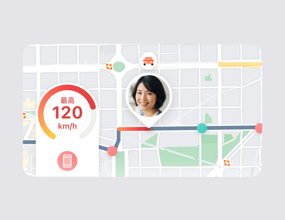 移動ルート、最高速度のメーター、危険イベントの表示がまとめられた運転レポート
