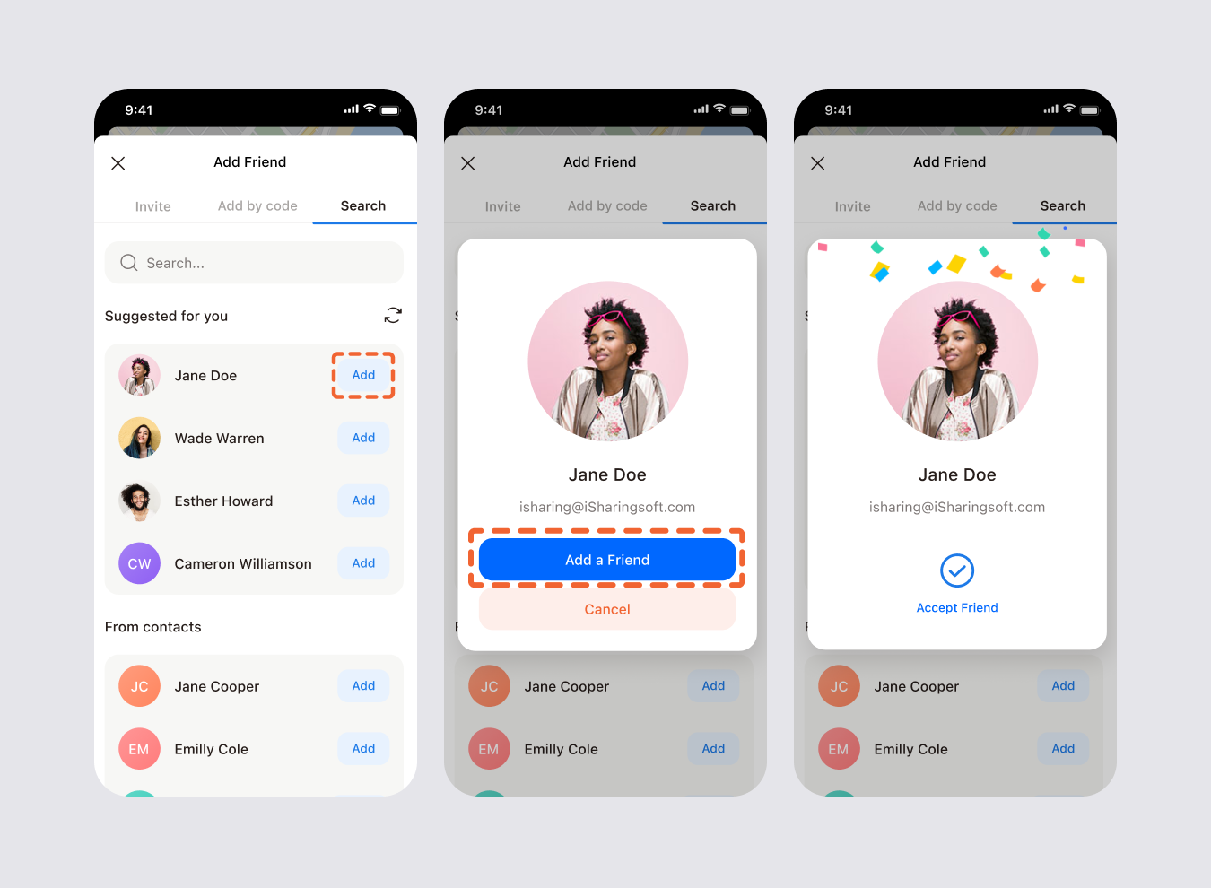 Three screens showing how adding a friend works: the search list, the friend's profile with the Add a Friend button, and the confirmation after the request is sent