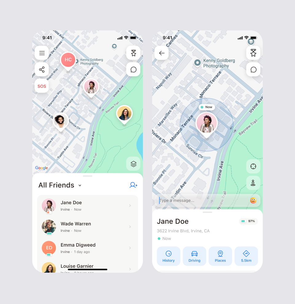 Two screens for viewing a friend's location: selecting the friend from the list, then their location detail with History, Driving, Places and distance