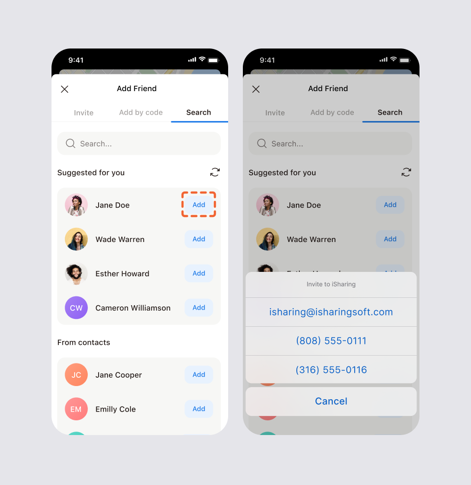 Two screens showing the Invite option: tapping Add next to a contact, then choosing an email address or phone number to send the invitation