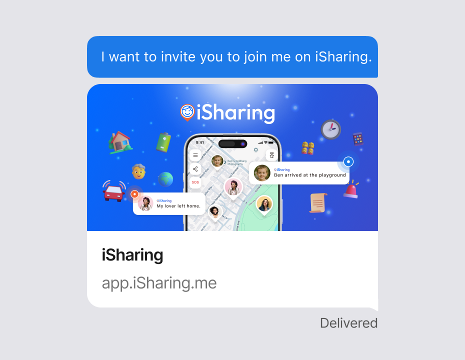 A text message invitation reading 'I want to invite you to join me on iSharing' with the app.iSharing.me link, marked Delivered