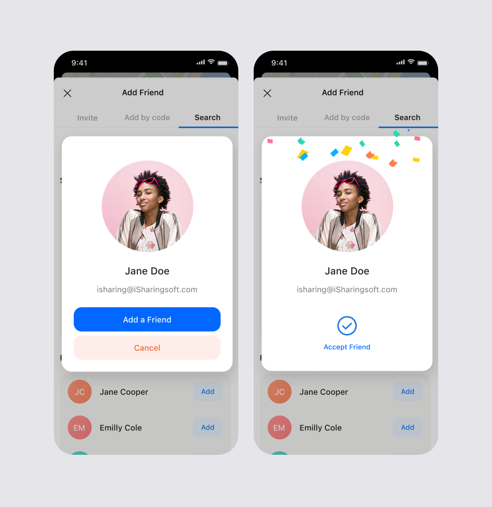 Two screens where a new user accepts the friend request from the sign-up screen: the Add a Friend button and the Accept Friend confirmation