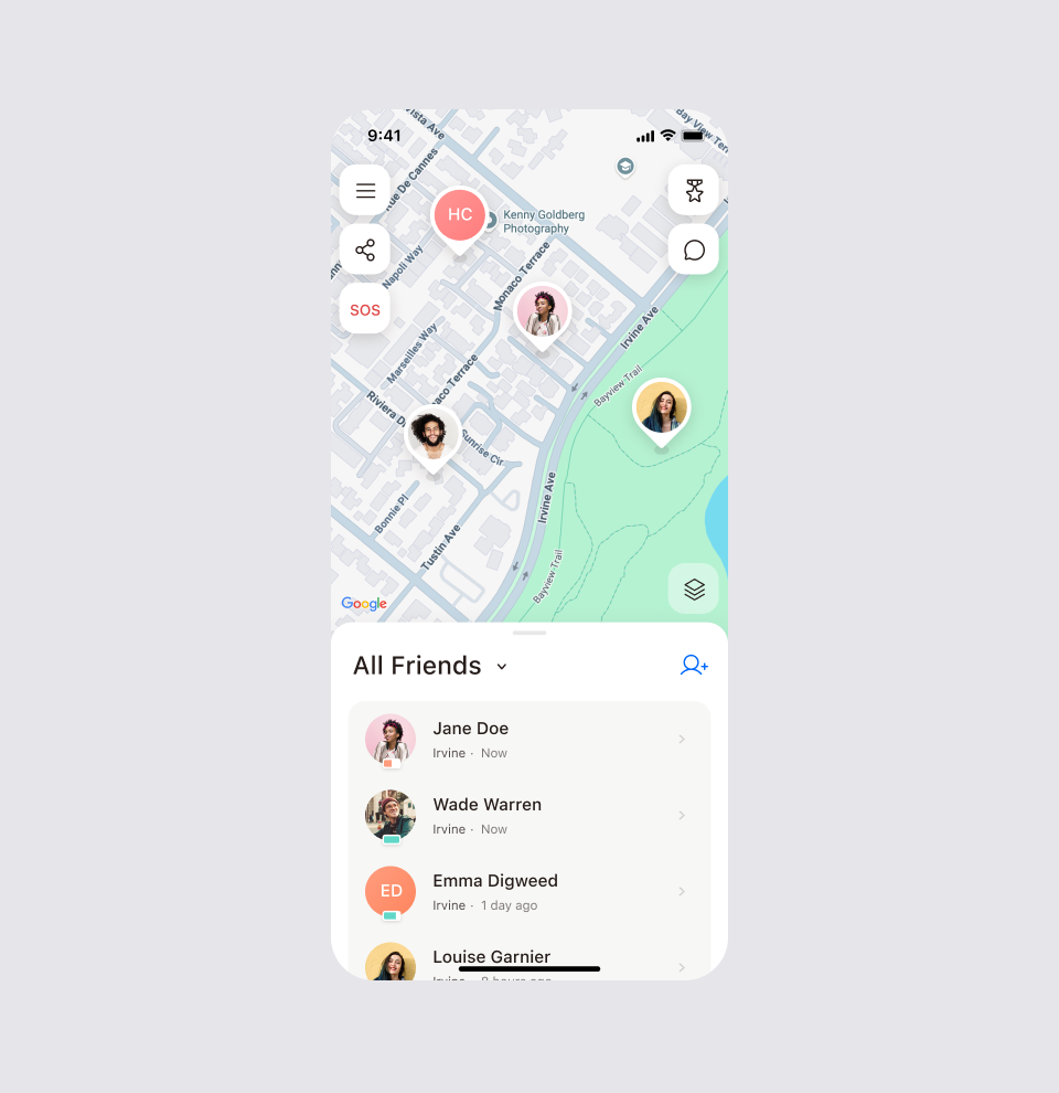 iSharing main screen showing friends' locations on the map with the All Friends list below