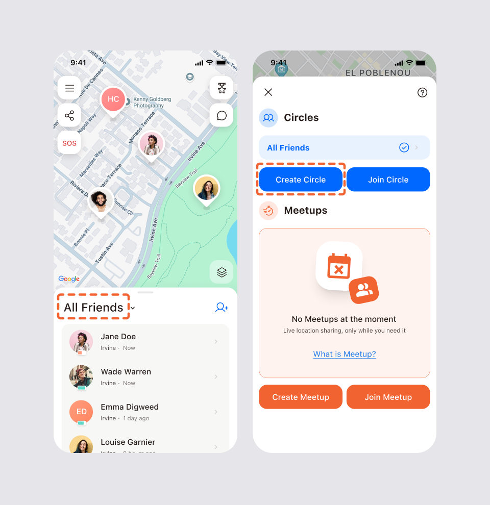 Two screens for creating a circle: the All Friends selector on the main screen, then the Circles panel with the Create Circle and Join Circle buttons