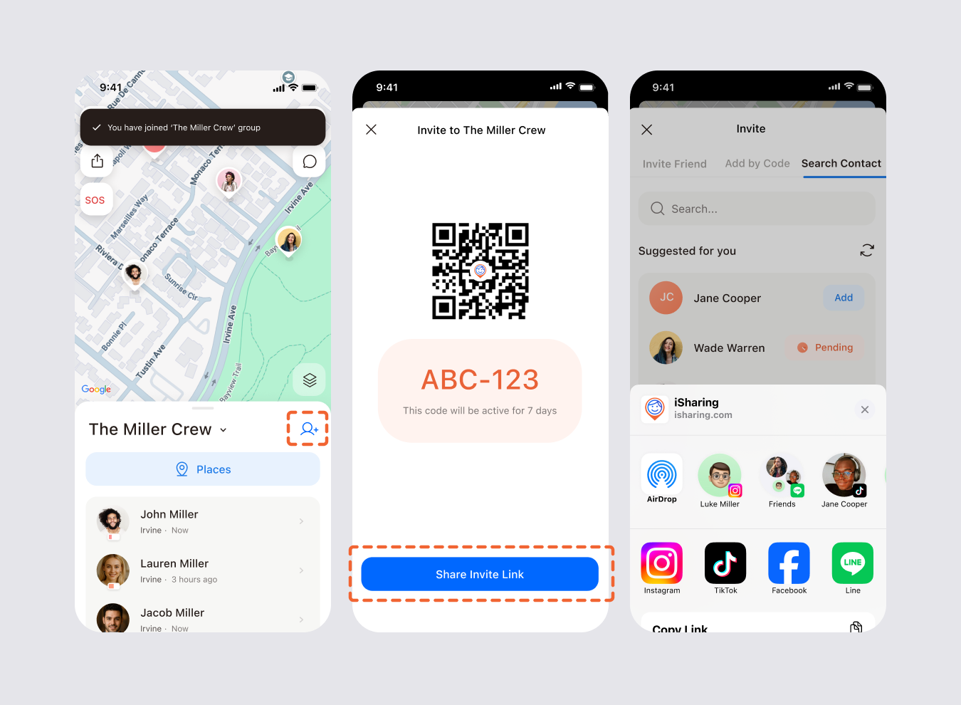 Three screens for inviting family: selecting the circle, the invitation code with its QR code, and the share sheet for sending the code