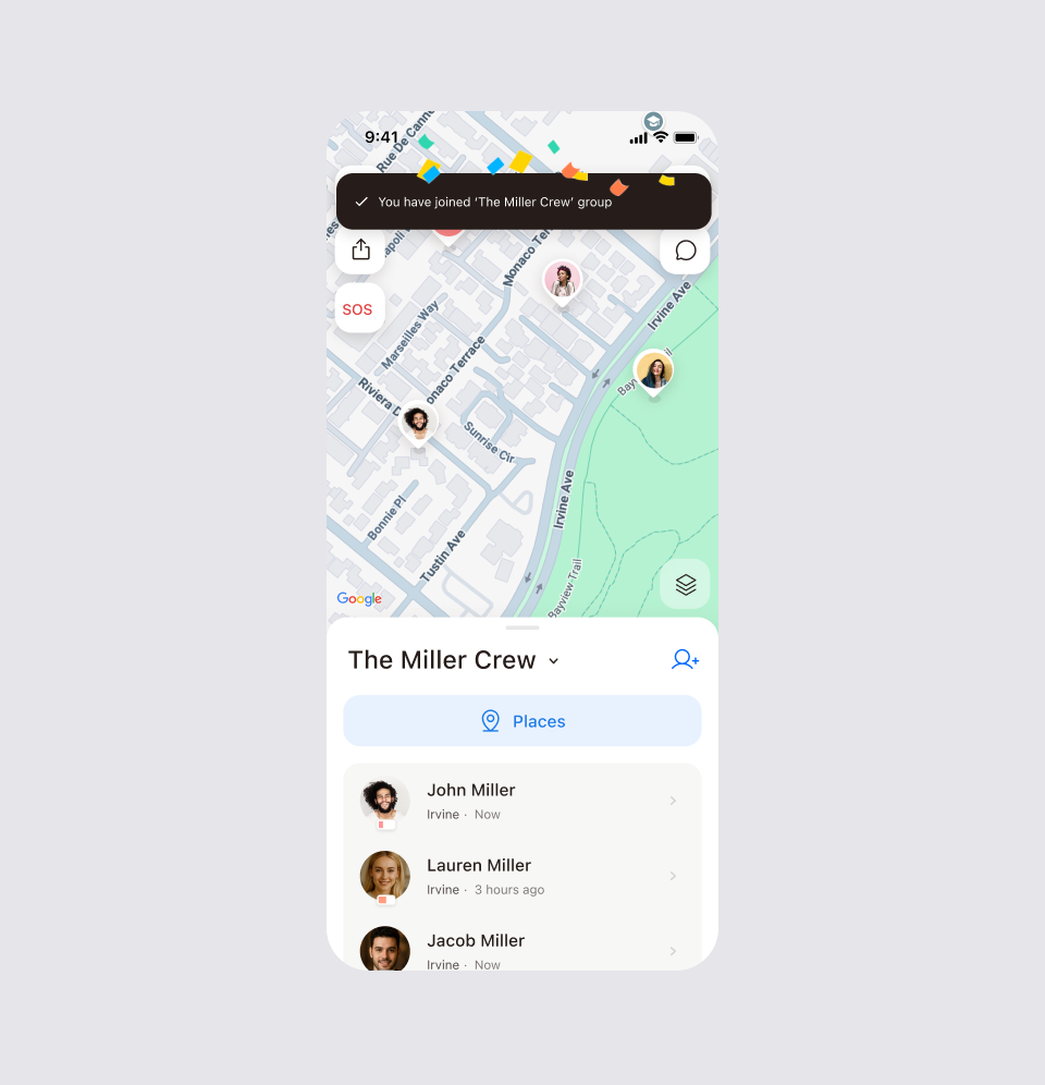 Map screen with the completed family circle, showing The Miller Crew card and all three members in the list