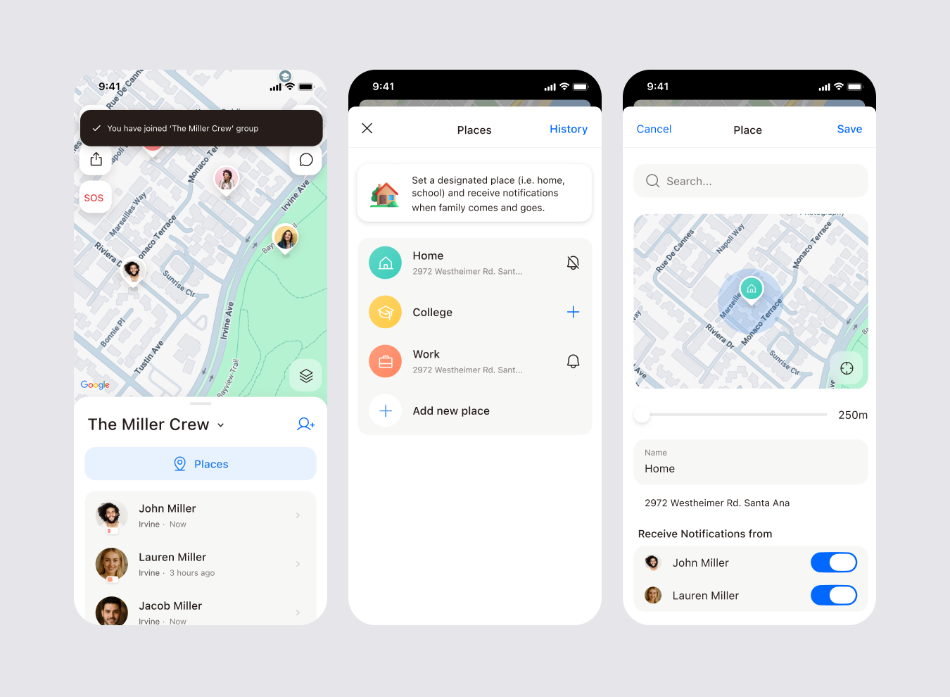 Three screens for setting a circle location: opening Places for the circle, adding a place, and the notification settings with per-member toggles