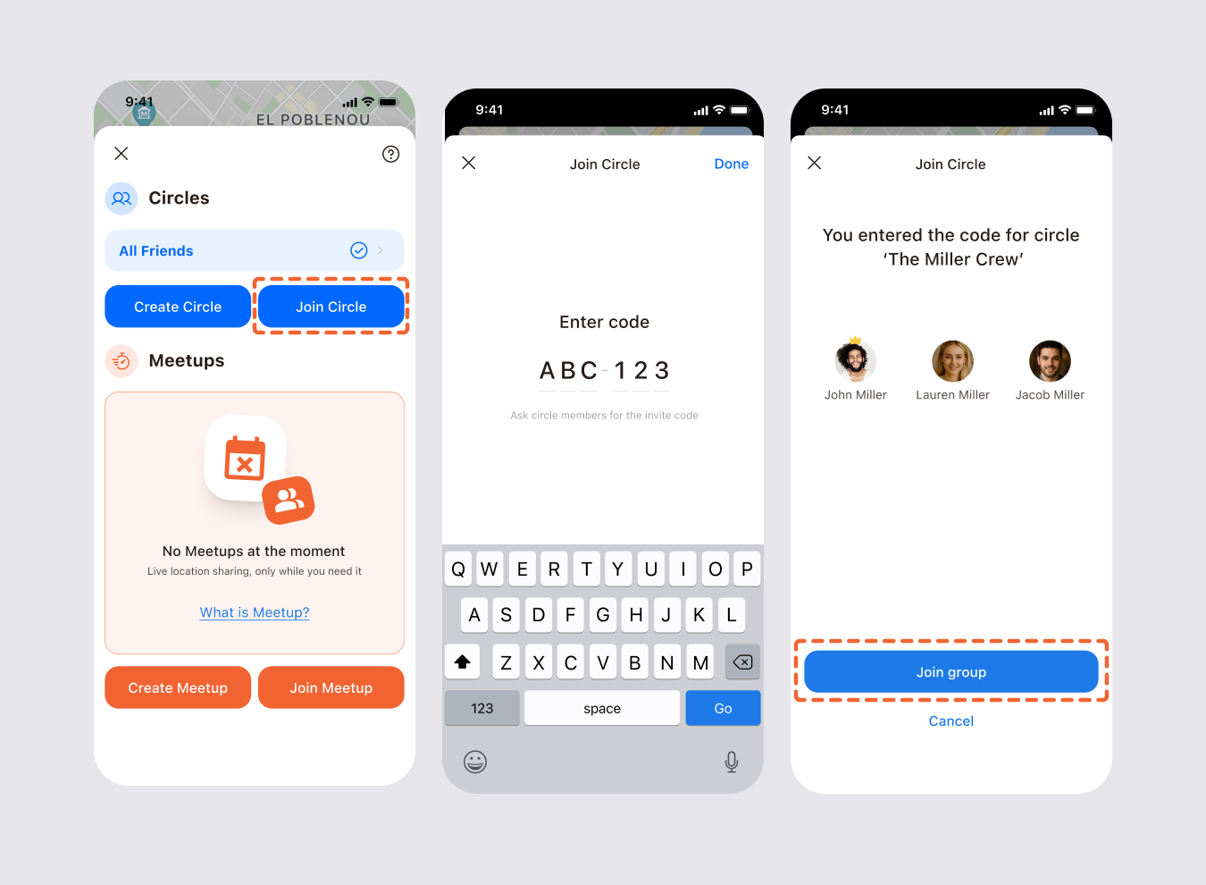 Three screens for joining a circle: the Join Circle button, entering the invitation code, and the confirmation screen with the circle name