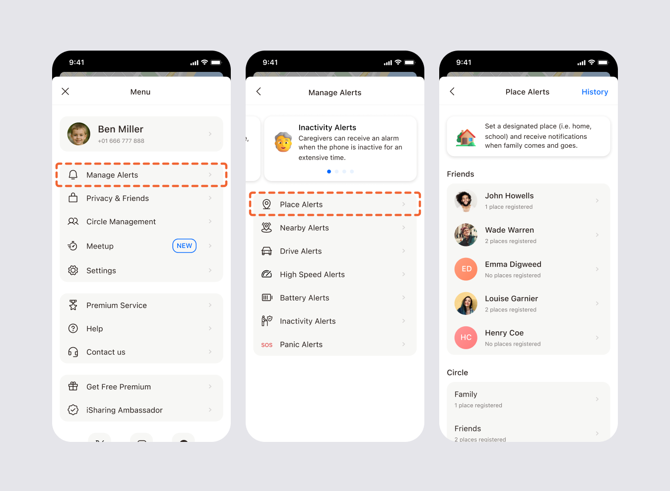 Three screens for opening Place Alerts: the menu, the Place Alerts item in the menu, and the Place Alerts list of friends