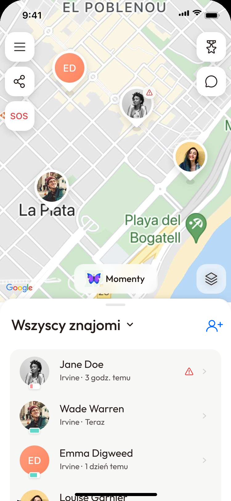 Lista znajomych z czerwoną ikoną ostrzeżenia obok imienia znajomego