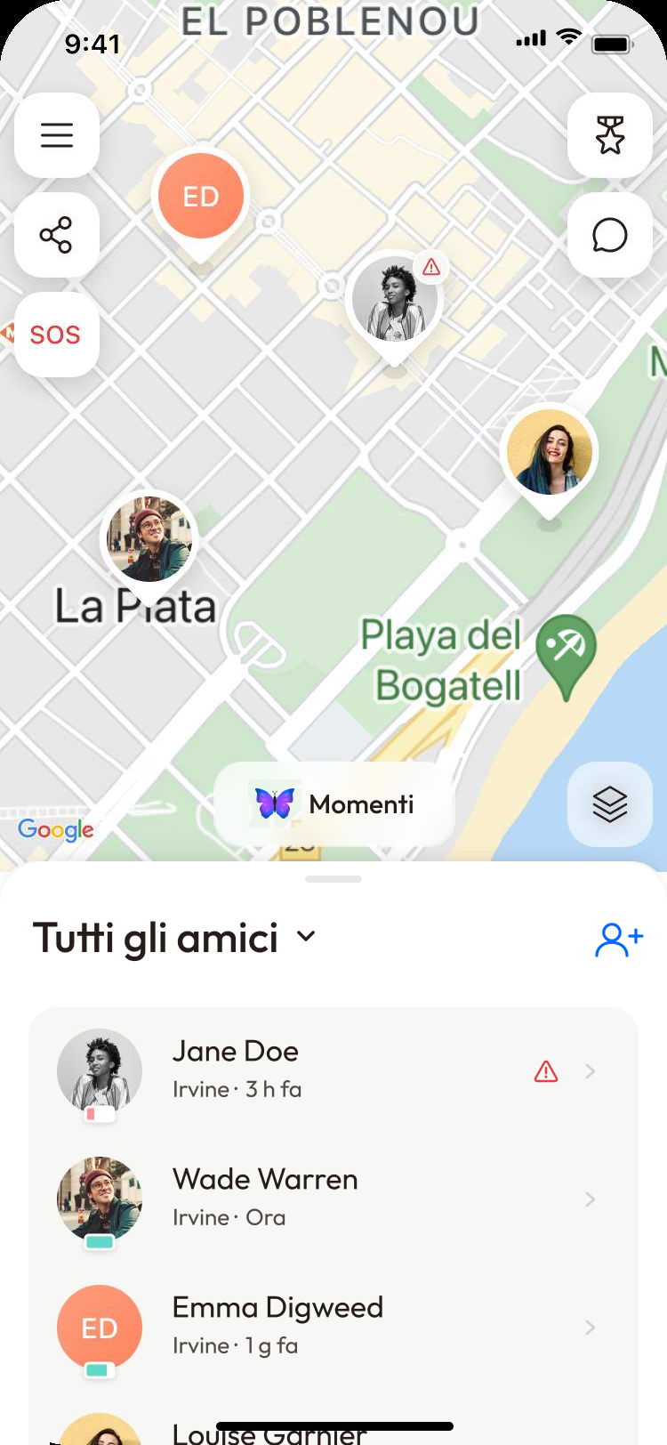Elenco amici con un'icona di avviso rossa accanto al nome di un amico