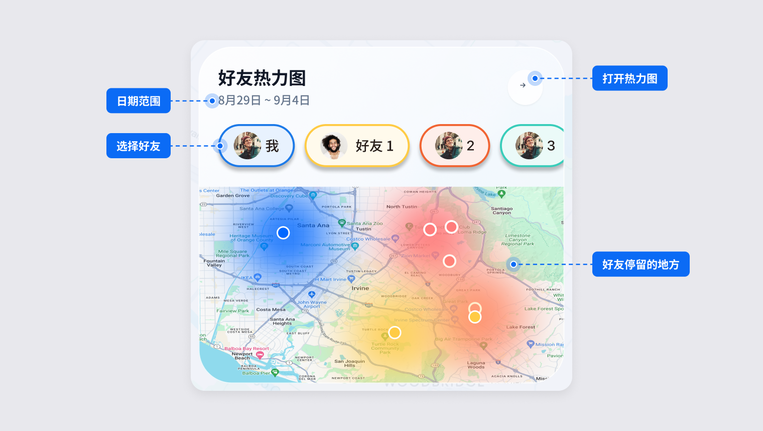 好友热力图卡片，显示日期范围、好友选择，以及用颜色标出的好友停留地点