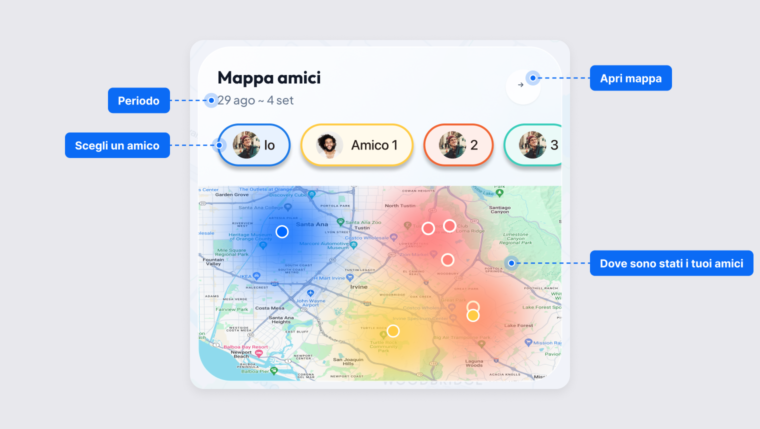 Scheda Mappa amici con intervallo di date, scelta dell'amico e zone colorate dove gli amici hanno trascorso del tempo