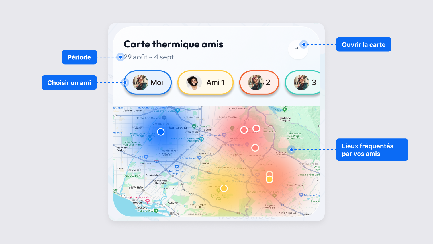 Carte de chaleur des amis avec la période, le choix d'un ami et les zones colorées où les amis ont passé du temps