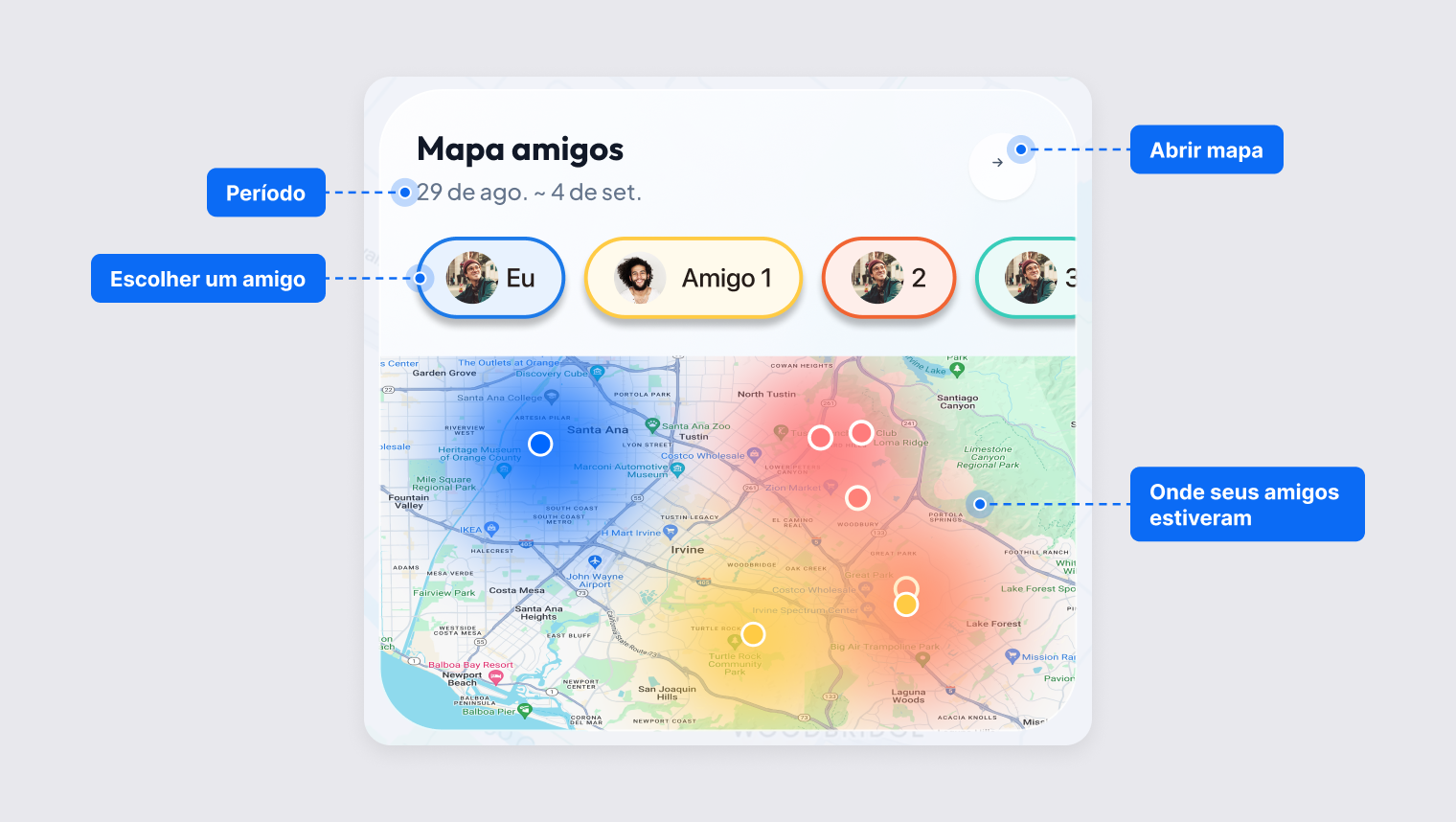 Cartão Mapa amigos com período, seleção de amigo e áreas coloridas onde os amigos passaram tempo