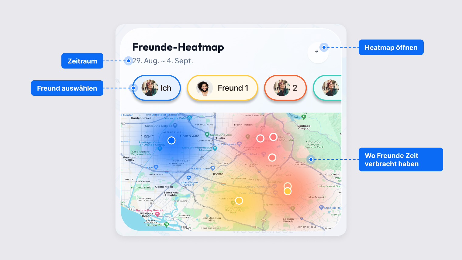 Freunde-Heatmap mit Zeitraum, Freundesauswahl und farbig markierten Orten, an denen Freunde Zeit verbracht haben