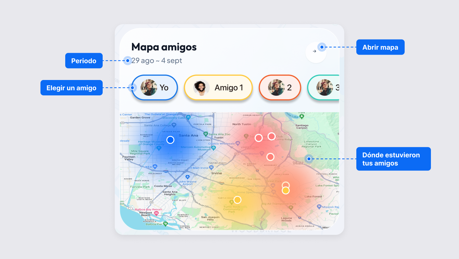 Tarjeta del mapa de calor de amigos con el rango de fechas, la selección de amigos y las zonas coloreadas donde pasaron tiempo